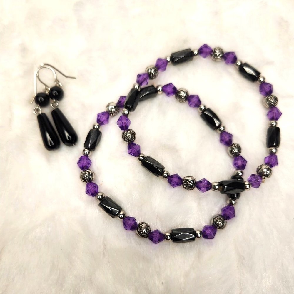 Beaded Bracelet &‎ Earrings Set - Purple/Black - 2 Piece Gift Set - Beaded Set